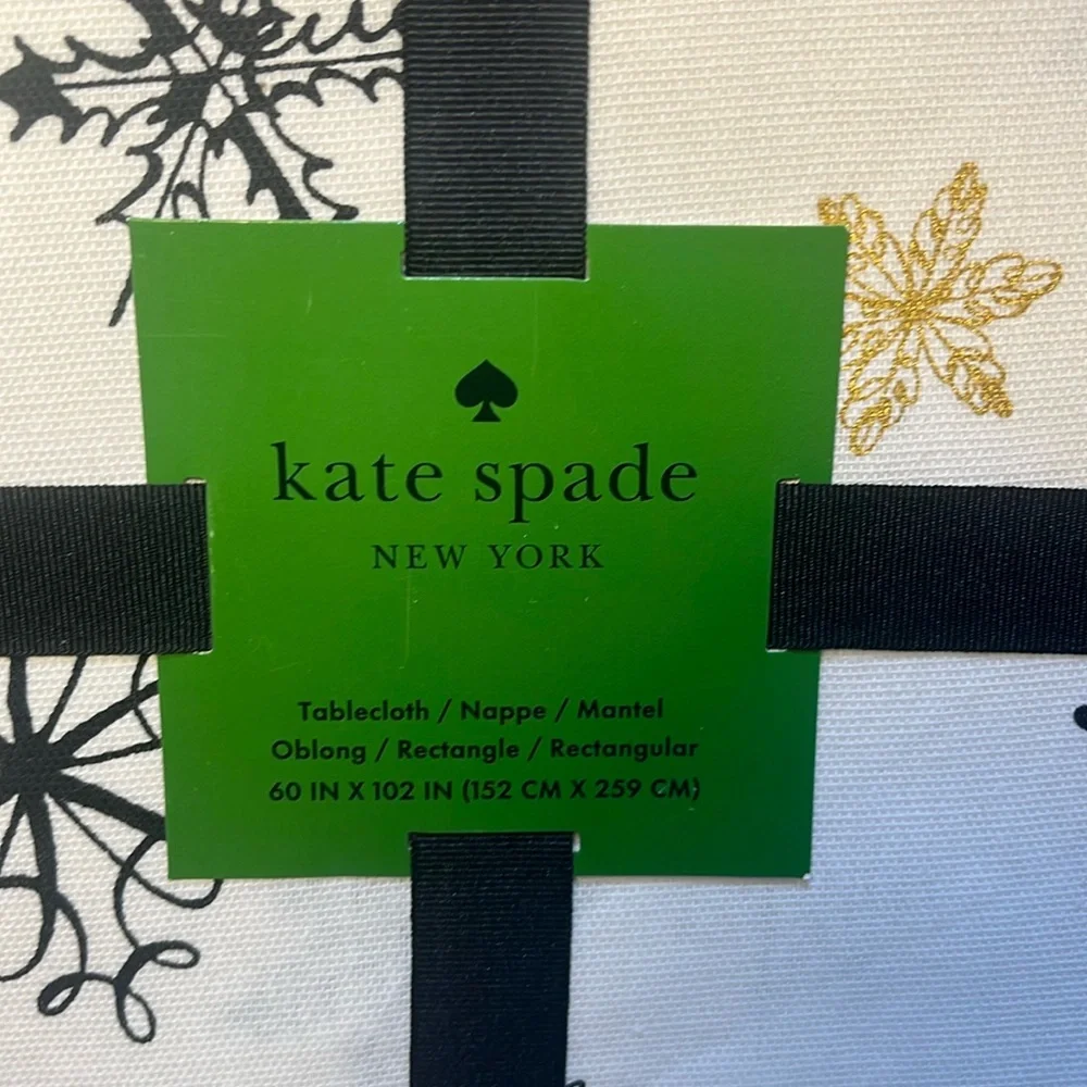 Kate Spade Snowflake Tablecloth 60 x 102 White w/ Black & Gold/Silver Cotton NWT